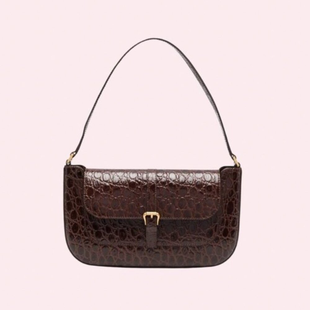BY FAR Miranda Croc Embossed Shoulder Bag in Brown